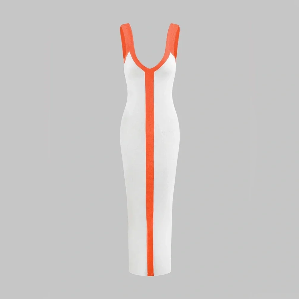 White and Orange V-Neck Bodycon Maxi Dress - Picture 1 of 1